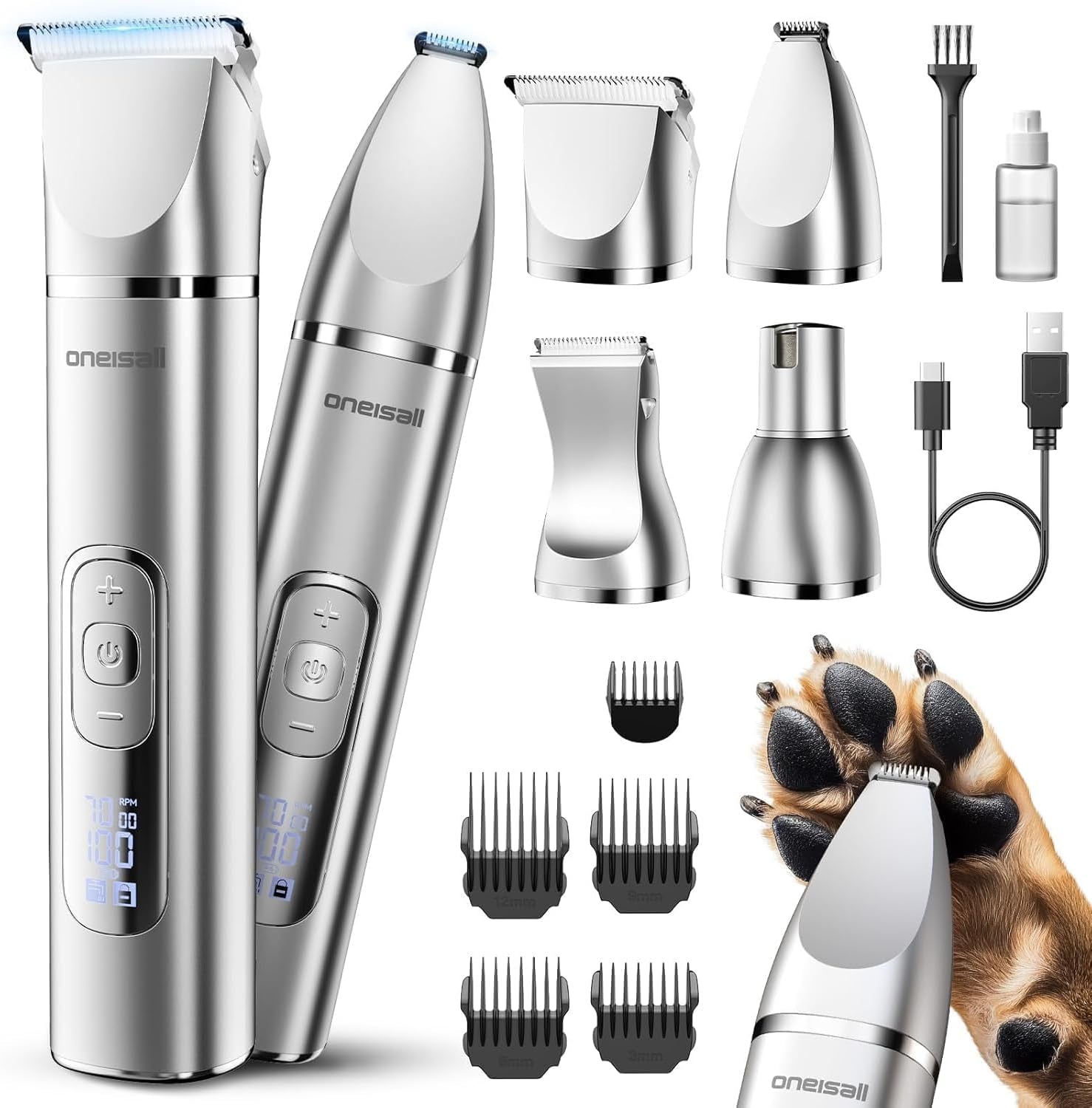 Oneisall 4 in 1 Hundeschermaschine Set, Leise Pfotentrimmer Für Hunde, Lcd-Anzeige Schermaschine Katze Hund, Pfotentrimmer&Hunderasierer&Krallenschleifer Für Körper, Pfoten, Augen, Ohren (Silber)
