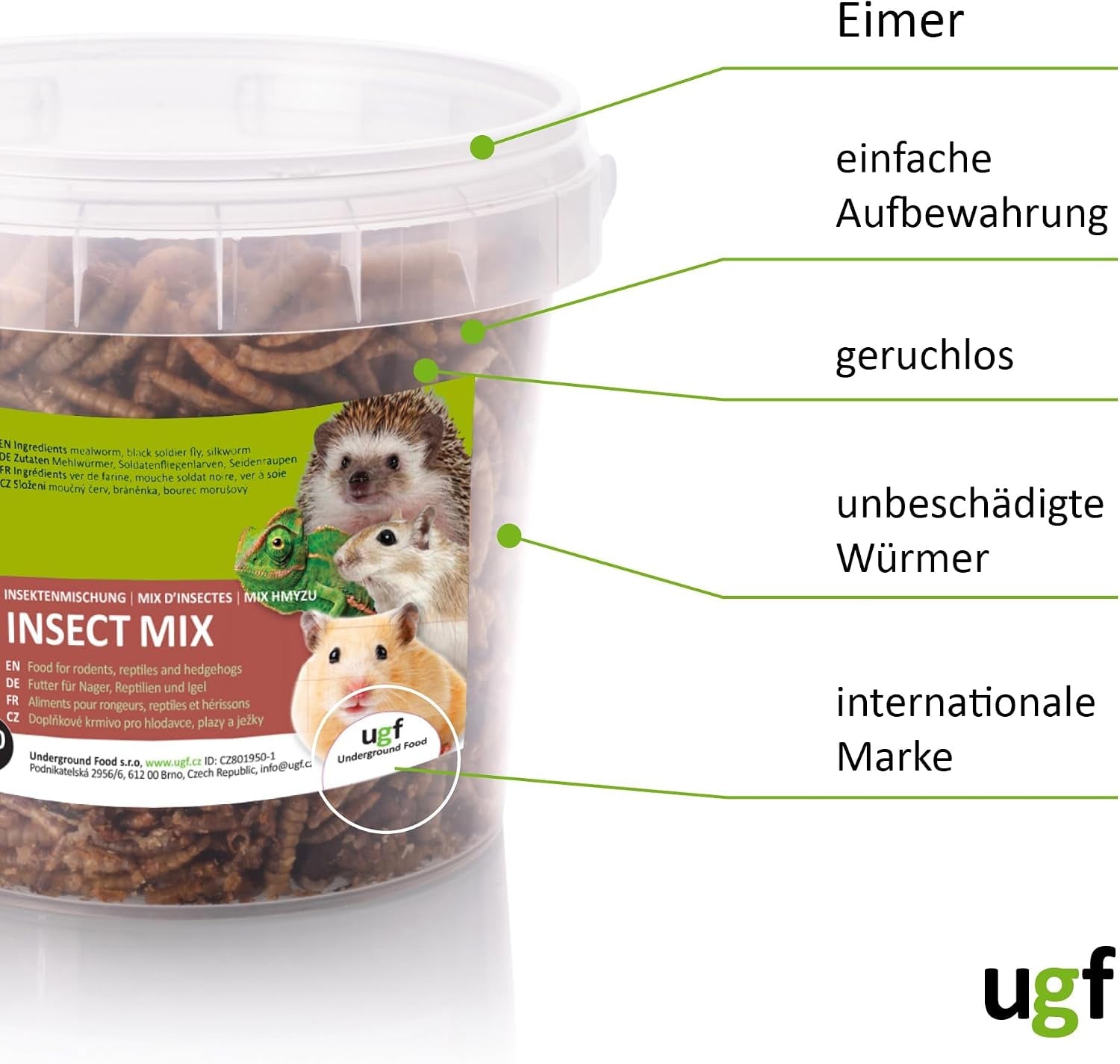 UGF - Insektenmischung - 80G Im 500 Milliliter Eimer, Igelfutter, Rennmausfutter, Hamsterfutter, Rattenfutter, Eidechsenfutter - Mehlwürmer, Soldatenfliegenlarven, Seidenraupen
