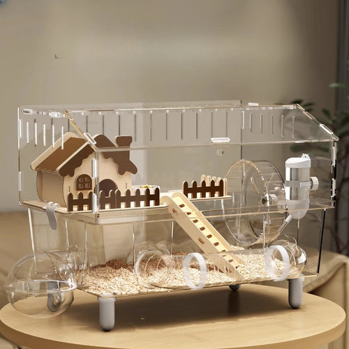 Acrylic Hamster Cage, 360째 View Hamster Villa, Large Luxury Anti-Chew Cage, Quiet Rolling Wheel, Easy to Clean