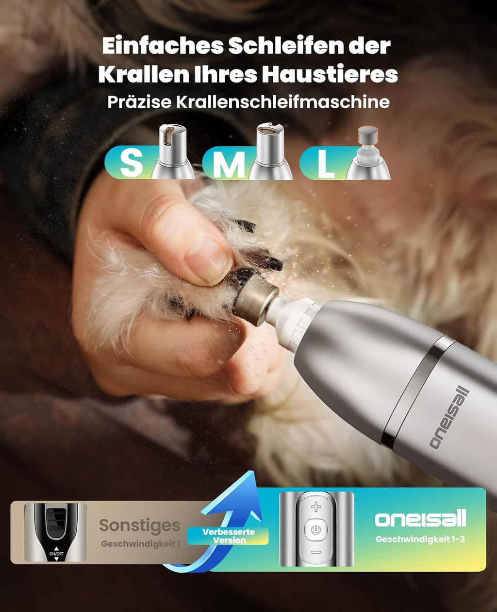 Oneisall 4 in 1 Hundeschermaschine Set, Leise Pfotentrimmer Für Hunde, Lcd-Anzeige Schermaschine Katze Hund, Pfotentrimmer&Hunderasierer&Krallenschleifer Für Körper, Pfoten, Augen, Ohren (Silber)