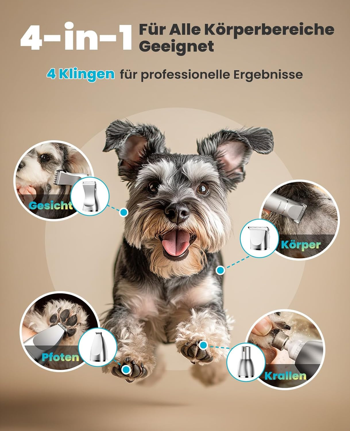 Oneisall 4 in 1 Hundeschermaschine Set, Leise Pfotentrimmer Für Hunde, Lcd-Anzeige Schermaschine Katze Hund, Pfotentrimmer&Hunderasierer&Krallenschleifer Für Körper, Pfoten, Augen, Ohren (Silber)