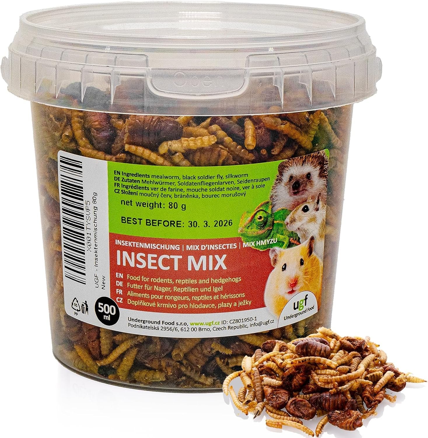 UGF - Insektenmischung - 80G Im 500 Milliliter Eimer, Igelfutter, Rennmausfutter, Hamsterfutter, Rattenfutter, Eidechsenfutter - Mehlwürmer, Soldatenfliegenlarven, Seidenraupen