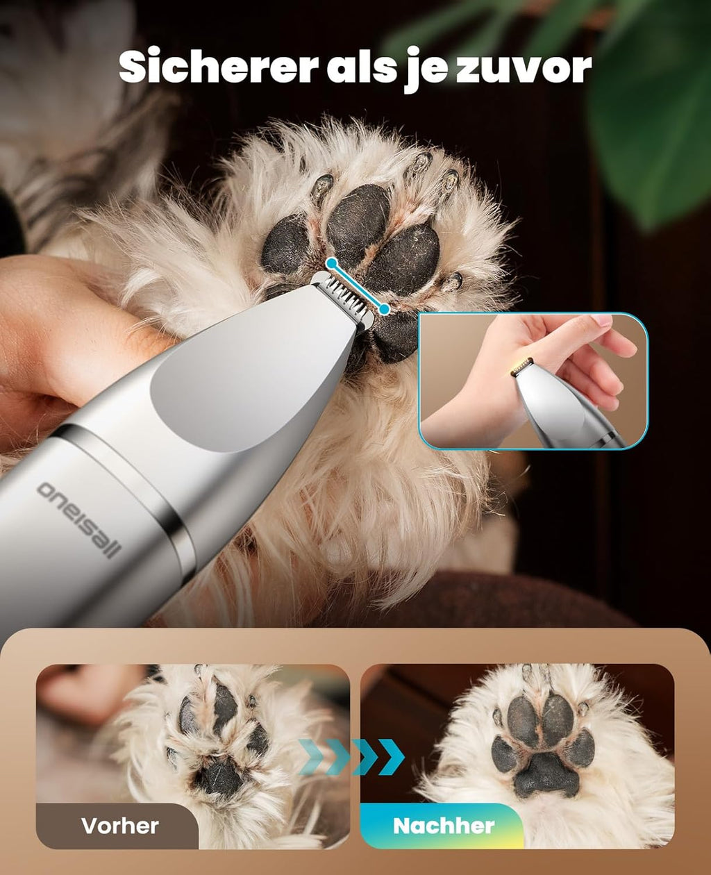 Oneisall 4 in 1 Hundeschermaschine Set, Leise Pfotentrimmer Für Hunde, Lcd-Anzeige Schermaschine Katze Hund, Pfotentrimmer&Hunderasierer&Krallenschleifer Für Körper, Pfoten, Augen, Ohren (Silber)