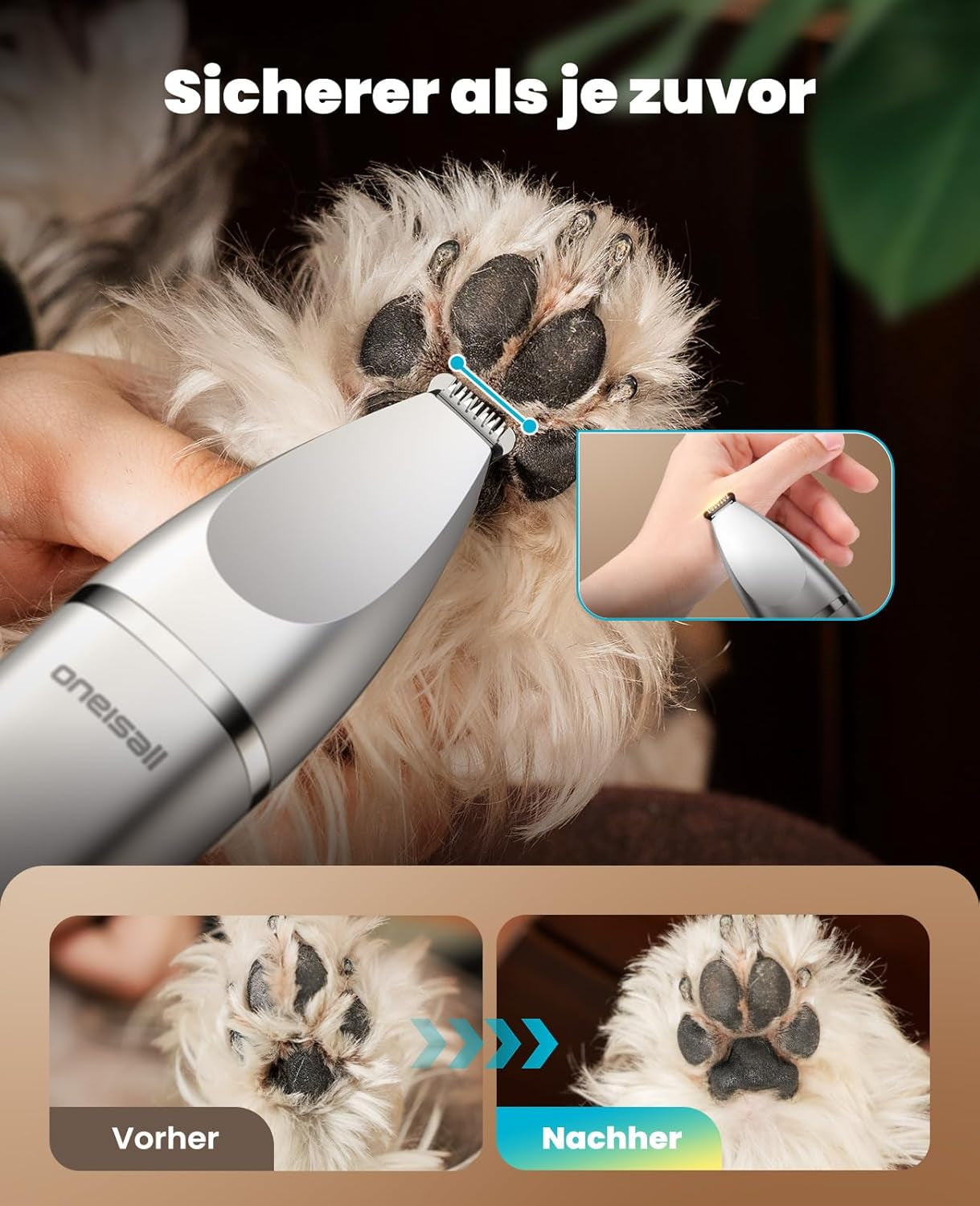 Oneisall 4 in 1 Hundeschermaschine Set, Leise Pfotentrimmer Für Hunde, Lcd-Anzeige Schermaschine Katze Hund, Pfotentrimmer&Hunderasierer&Krallenschleifer Für Körper, Pfoten, Augen, Ohren (Silber)