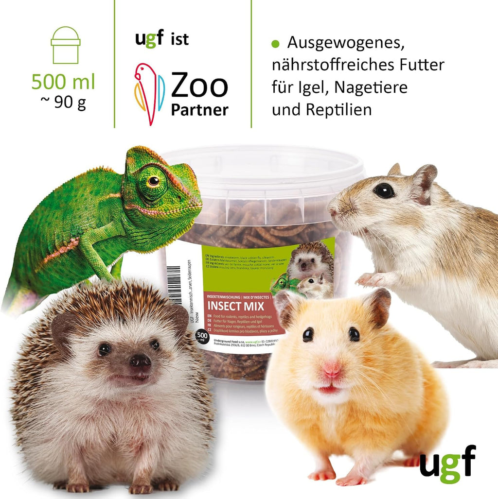 UGF - Insektenmischung - 80G Im 500 Milliliter Eimer, Igelfutter, Rennmausfutter, Hamsterfutter, Rattenfutter, Eidechsenfutter - Mehlwürmer, Soldatenfliegenlarven, Seidenraupen