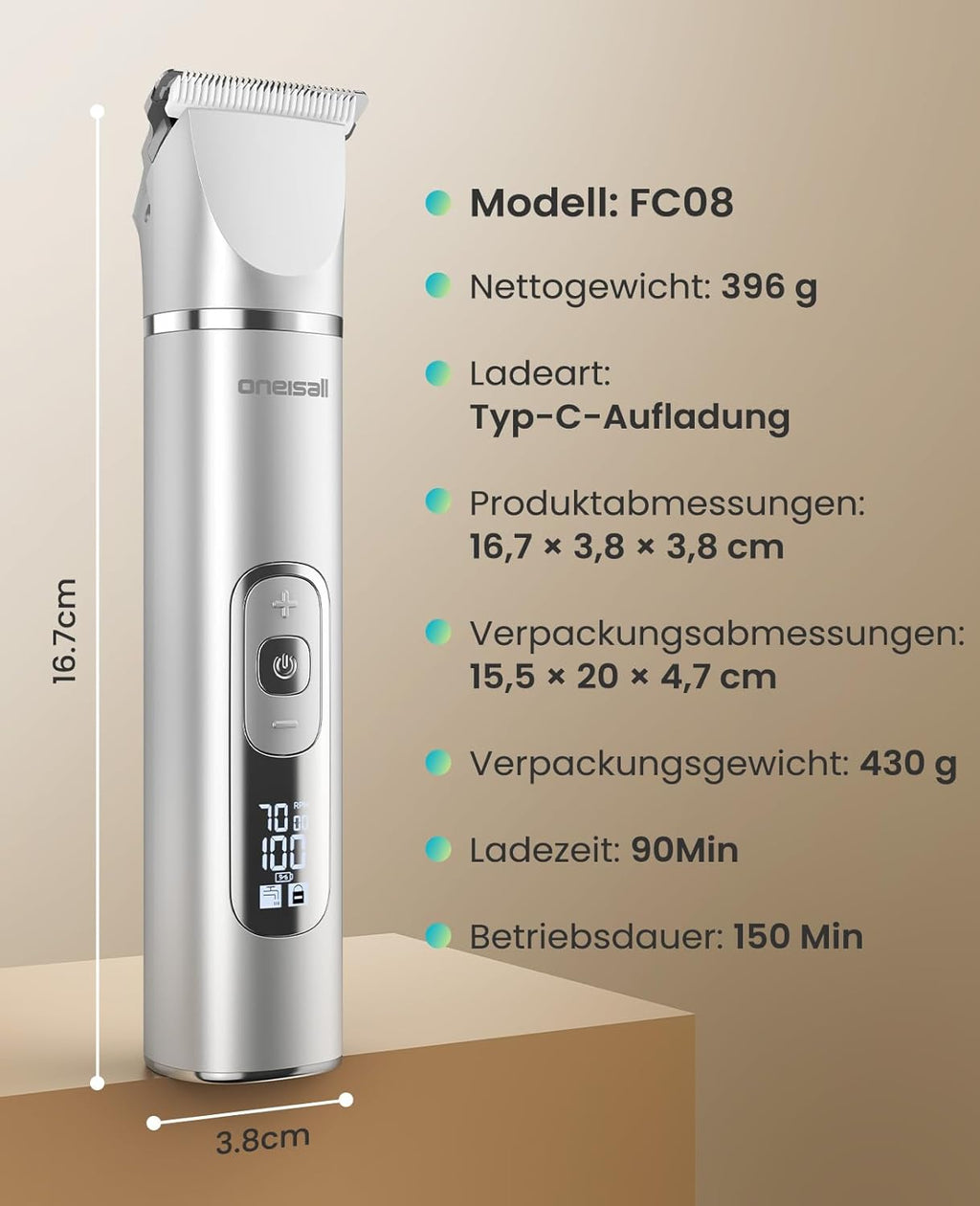 Oneisall 4 in 1 Hundeschermaschine Set, Leise Pfotentrimmer Für Hunde, Lcd-Anzeige Schermaschine Katze Hund, Pfotentrimmer&Hunderasierer&Krallenschleifer Für Körper, Pfoten, Augen, Ohren (Silber)